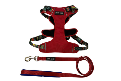 Red Printed Full Body Dog Harness & Leash Set