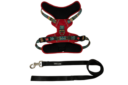 Red Printed Full Body Dog Harness & Black Leash Set