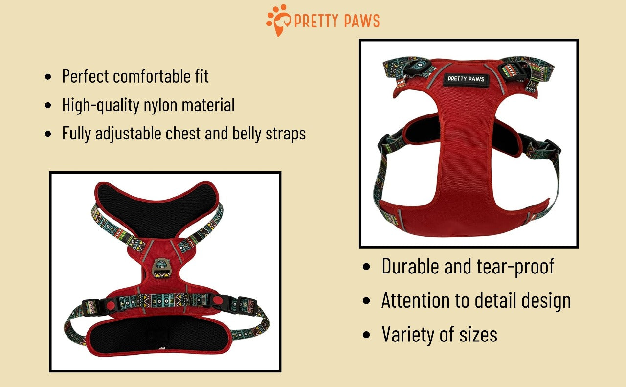 Red Printed Full Body Dog Harness & Black Leash Set