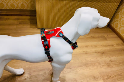 Red Printed Full Body Dog Harness & Leash Set